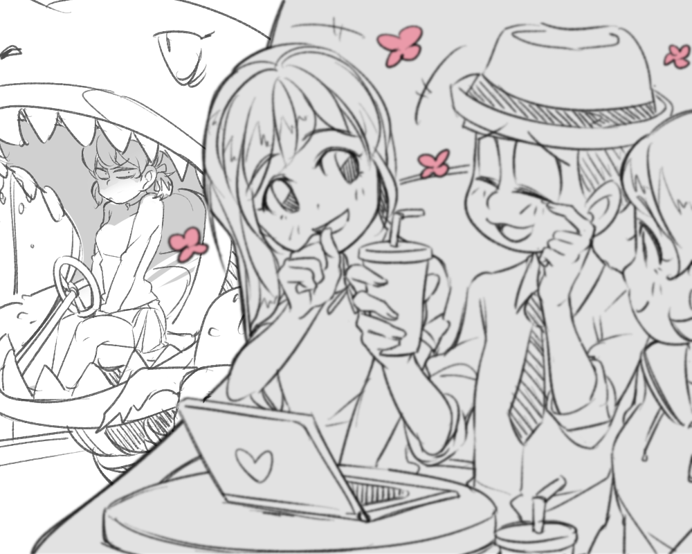 10s 1boy 3girls bad_id bad_twitter_id blurry closed_eyes computer depth_of_field driving extra flower_symbol girl_sandwich hair_ribbon hairband hat laptop long_hair looking_at_another low_twintails matsuno_todomatsu monochrome multiple_girls necktie osomatsu-kun osomatsu-san osomatsu_(series) porkpie_hat rian_(bdl) ribbon sandwiched short_twintails smile table turtleneck twintails yowai_totoko