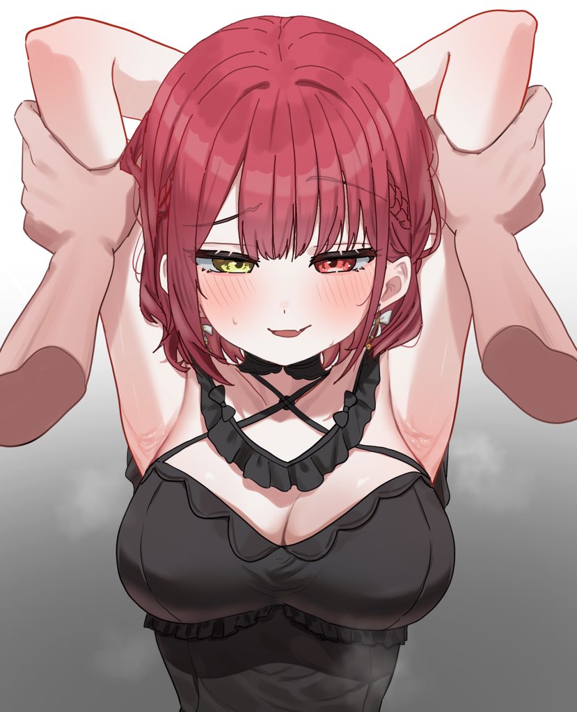 1girl armpits arms_up black_dress blush breasts disembodied_hand dress grabbing_another&#039;s_arm grey_background heterochromia hololive houshou_marine large_breasts missing_commentary red_eyes red_hair simple_background solo_focus uzuraa virtual_youtuber yellow_eyes
