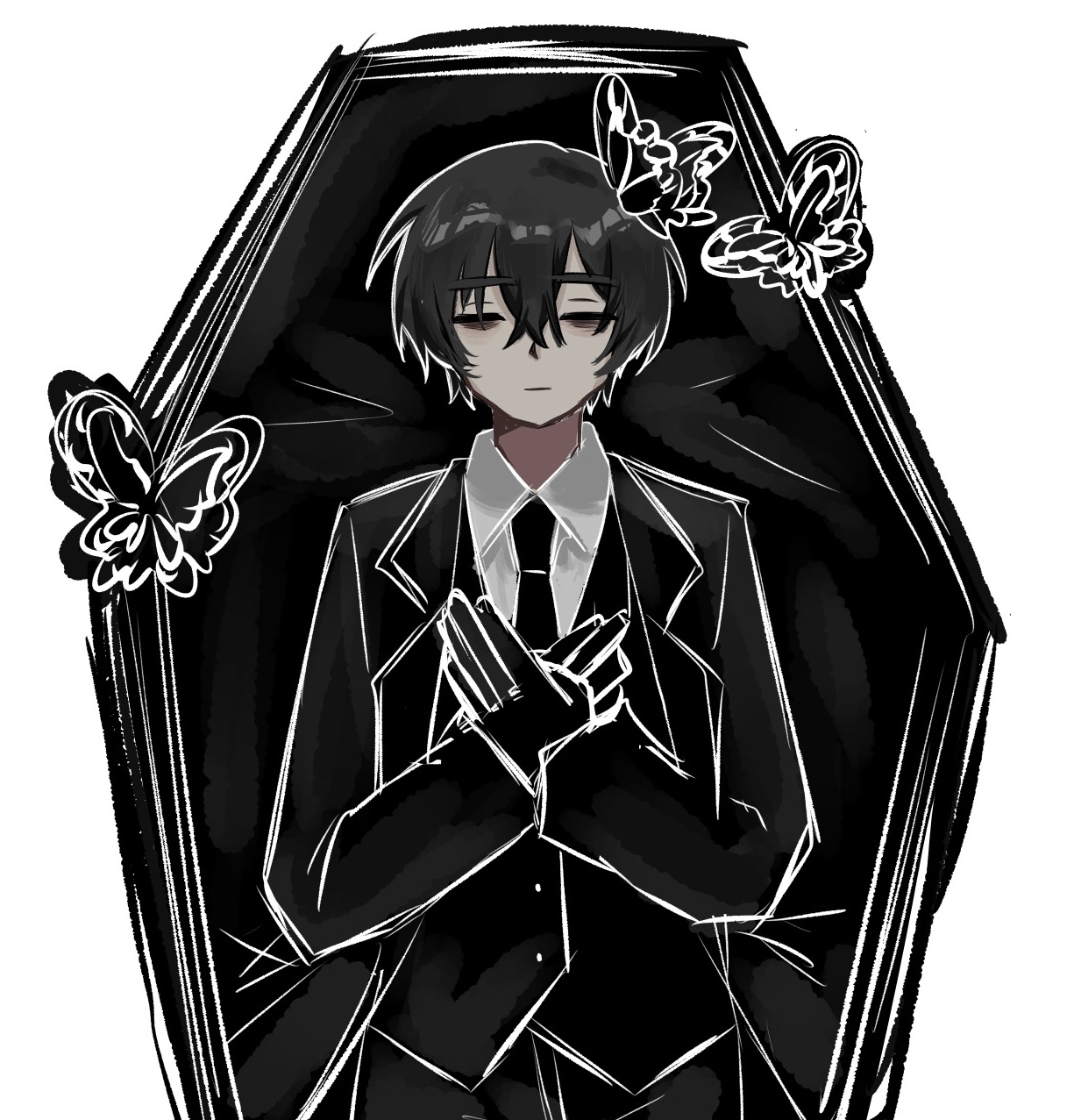 1boy bad_anatomy bad_hands bags_under_eyes black_butterfly black_hair black_necktie black_suit black_vest bug butterfly closed_eyes coffin collared_shirt double-parted_bangs e.g.o_(project_moon) formal_clothes hair_between_eyes highres insect limbus_company lying male_focus merukosu necktie on_back project_moon shirt short_hair solemn_lament_(e.g.o) solo suit upper_body vest white_background white_butterfly white_shirt yi_sang_(project_moon)