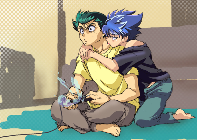 2boys artist_request barefoot blue_hair cable controller crossed_legs gaming green_hair hiei joystick kiss male_focus multiple_boys on_floor shirt tagme urameshi_yusuke yaoi yellow_shirt yuu_yuu_hakusho