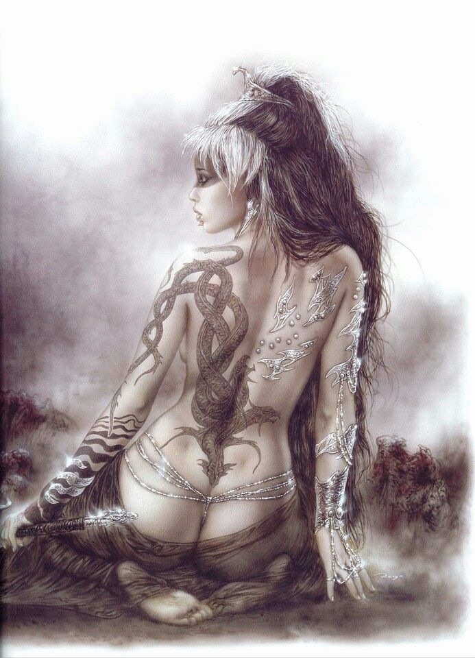 arm_tattoo ass back_tattoo bad_link barefoot black_hair blood bracelet chain chain_thong death dimples_of_venus dragon_tattoo earrings face_piercing facepaint fog from_behind jewelry lip_piercing lips long_hair luis_royo multiple_rings original pale_skin piercing ring see-through_clothes see-through_legwear seiza silver_bracelet silver_jewelry sitting stud_piercings studs sword_hilt tattoo tiara toes traditional_media turned_head white_bangs