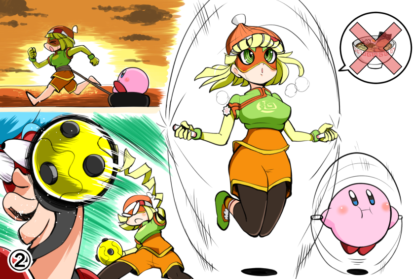 1girl arms_(game) beanie blonde_hair bob_cut domino_mask exercising furumoto_yuuya green_eyes hat jumping kirby kirby_(series) mask megawatt_(arms) min_min_(arms) nintendo orange_hat orange_shorts punching ringed_eyes running short_hair shorts spring_man_(arms)