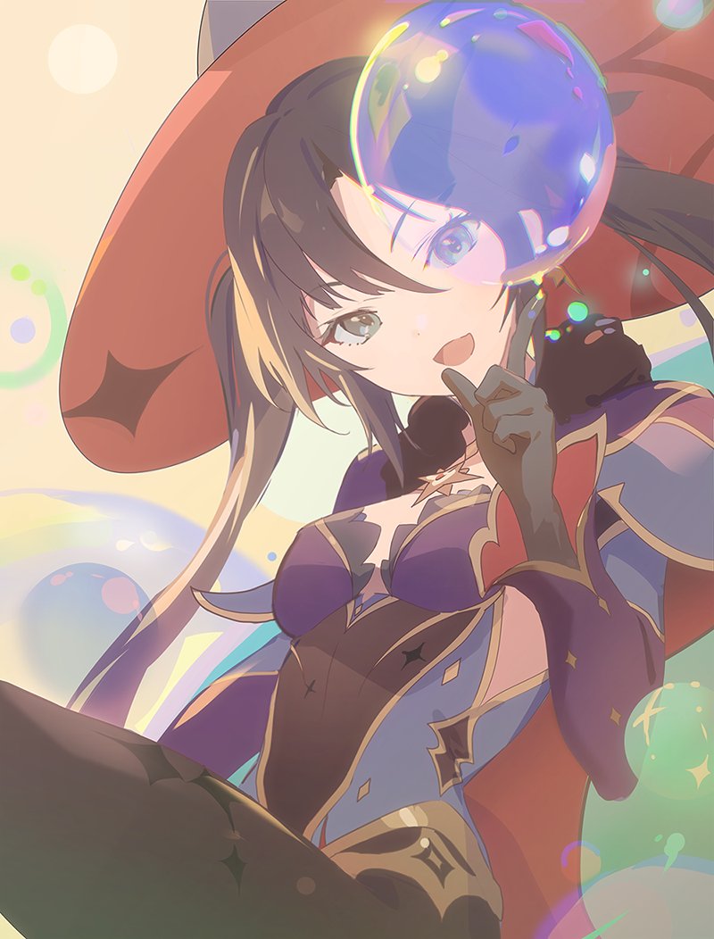 1girl air_bubble black_gloves black_pantyhose breasts brown_hair bubble capelet fur_trim genshin_impact gloves grey_eyes hair_between_eyes hand_up hat index_finger_raised leotard long_hair long_sleeves looking_at_viewer looking_to_the_side mona_(genshin_impact) naye open_mouth pantyhose purple_capelet sidelocks small_breasts smile solo tongue twintails witch_hat