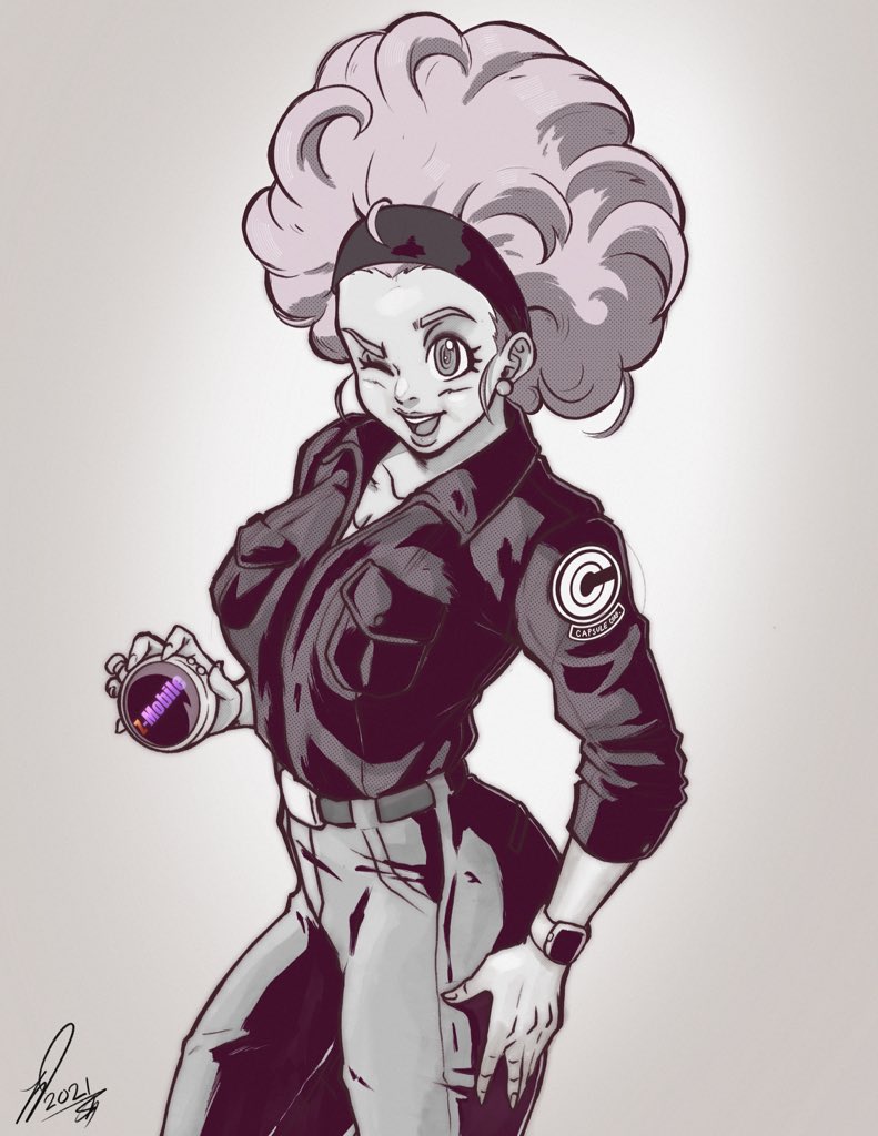 1girl 2021 afro belt brand_name_imitation breasts bulma commentary cowboy_shot derivative_work dragon_ball dragon_radar dragonball_z earrings english_commentary greyscale hairband hand_on_own_hip high-waist_pants jewelry kooj_artz large_breasts monochrome one_eye_closed open_mouth pants parody samsung samsung_sam sepia signature smartwatch smile solo spot_color t-mobile watch wristwatch
