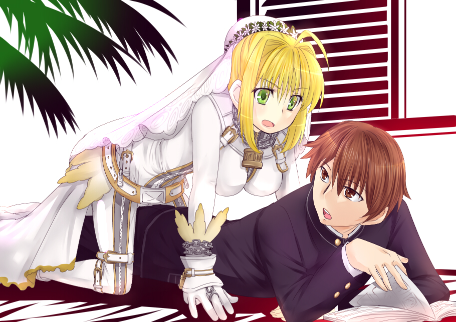 blonde_hair book bridal_veil brown_eyes brown_hair commentary_request eye_contact fate/extra fate/extra_ccc fate_(series) gakuran girl_on_top kishinami_hakuno_(male) looking_at_another looking_back lying nero_claudius_(bride)_(fate) nero_claudius_(fate) on_stomach open_mouth school_uniform tree turning_page urako veil window yellow_eyes