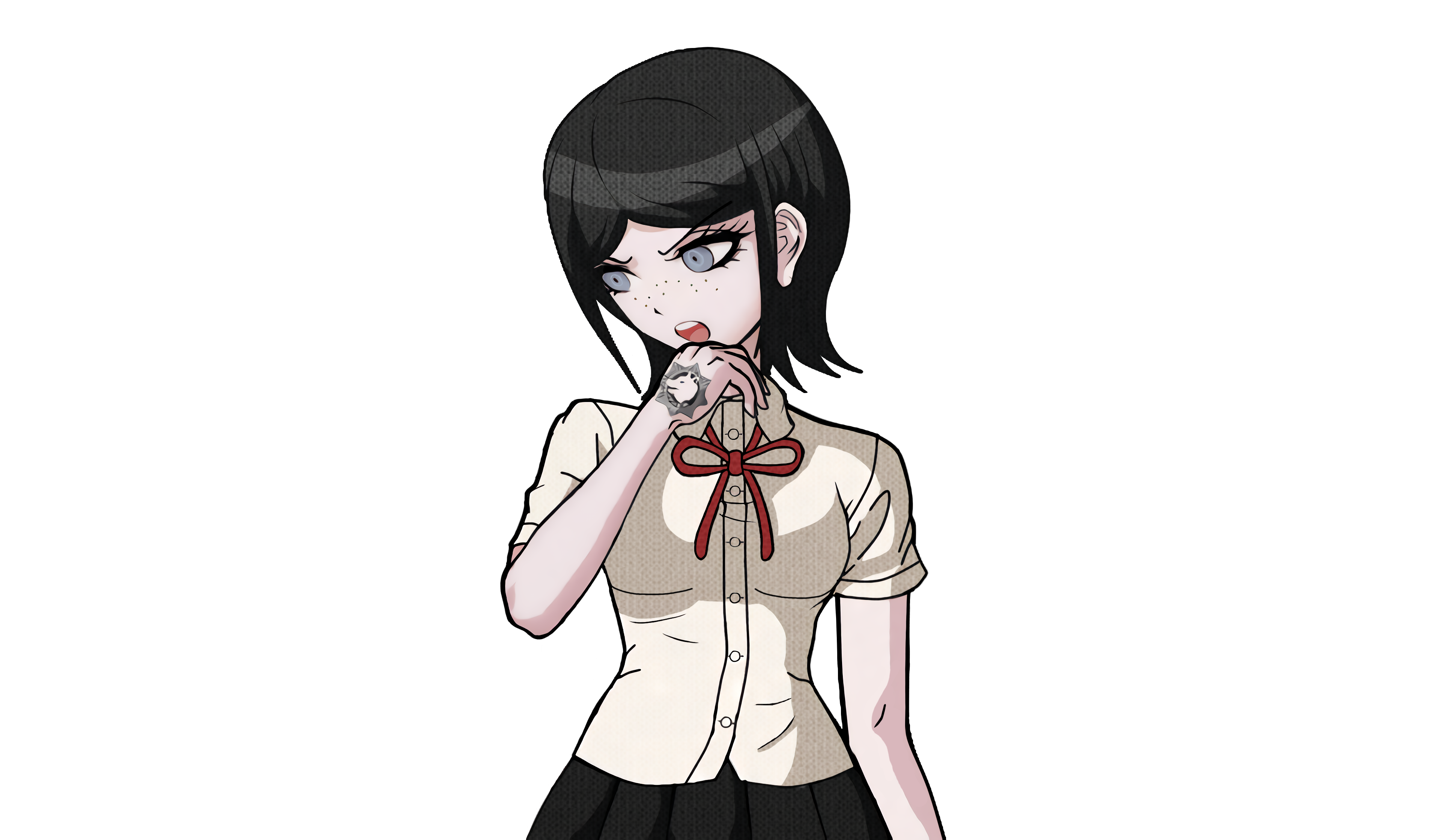 1girl absurdres black_hair black_skirt blue_eyes bow danganronpa:_trigger_happy_havoc danganronpa_(series) drakidor female_focus freckles hand_tattoo highres ikusaba_mukuro looking_down looking_to_the_side neck_ribbon official_style open_mouth pleated_skirt red_bow red_ribbon ribbon shirt simple_background skirt solo solo_focus tattoo tattoo_on_hand teeth third-party_edit tongue transparent_background upper_body upper_teeth_only white_shirt wolf_head xxgoldmadnessxx