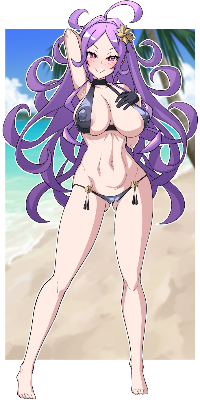 1girl areola_slip bare_shoulders bikini black_bikini blush breasts cameltoe cleavage collarbone covered_erect_nipples fate/grand_order fate_(series) full_body gluteal_fold highres large_breasts legs long_hair looking_at_viewer muta_poo navel parted_bangs ponytail purple_eyes purple_hair smile solo swimsuit wu_zetian_(fate) wu_zetian_(swimsuit_caster)_(fate) wu_zetian_(swimsuit_caster)_(third_ascension)_(fate)