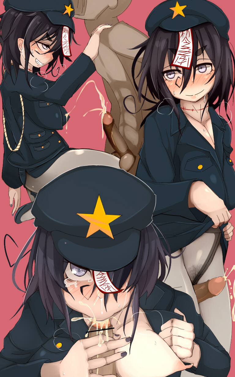 1boy 1girl :&gt;= bar_censor blush breasts brown_hair censored cleavage clothed_female_nude_male clothed_sex collarbone commentary_request crotch_kick cum cum_in_mouth ejaculation faceless faceless_male fellatio female_pubic_hair grey_eyes grey_pantyhose grin hat hetero highres huge_nipples impossible_clothes jacket large_breasts looking_at_viewer miyako_yoshika nude ofuda oral pantyhose penis pocket pov pubic_hair runny_nose scar see-through_clothes short_hair smile snot tears textless_version thick_eyebrows thigh_sex touhou yae_(snosui7)