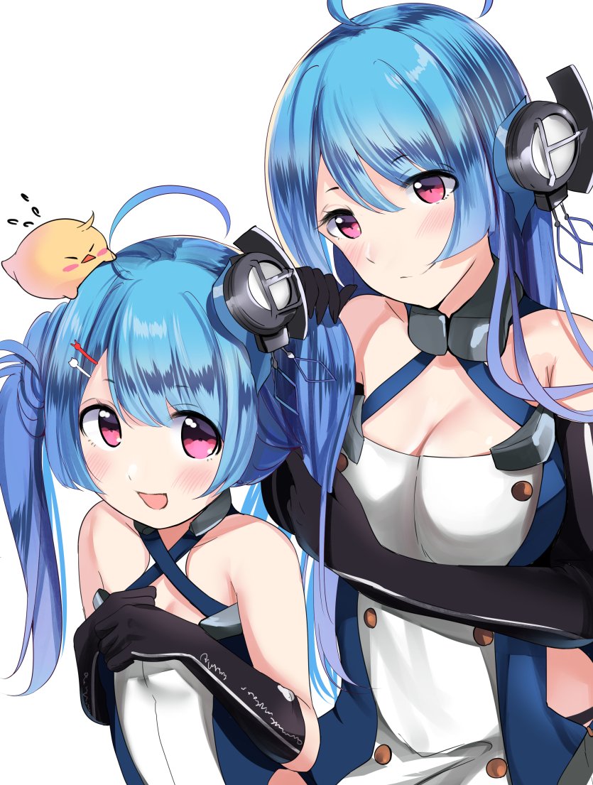 2girls ahoge azur_lane bare_shoulders blue_hair blush breasts cleavage collarbone commentary_request detached_sleeves flat_chest gloves hair_ornament helena_(azur_lane) lena_(azur_lane) long_hair manjuu_(azur_lane) medium_breasts multiple_girls open_mouth purple_eyes schreibe_shura simple_background smile white_background