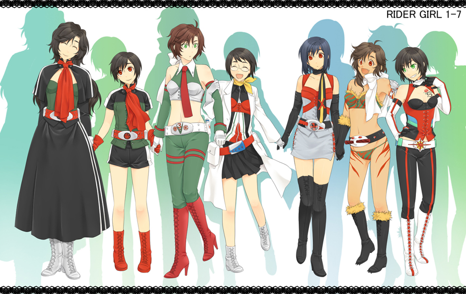 6+girls bare_shoulders black_hair boots brown_hair detached_sleeves elbow_gloves fang fur_trim genderswap genderswap_(mtf) glasses gloves green_eyes height_difference high_heel_boots high_heels holding_hands kamen_rider kamen_rider_(1st_series) kamen_rider_1 kamen_rider_2 kamen_rider_amazon kamen_rider_amazon_(series) kamen_rider_stronger kamen_rider_stronger_(series) kamen_rider_v3 kamen_rider_v3_(series) kamen_rider_x kamen_rider_x_(series) lab_coat locked_arms long_hair midriff multiple_girls navel necktie red_eyes rider-tan riderman scarf short_hair shorts skirt smile square-end_necktie thighhighs yamamaru zettai_ryouiki
