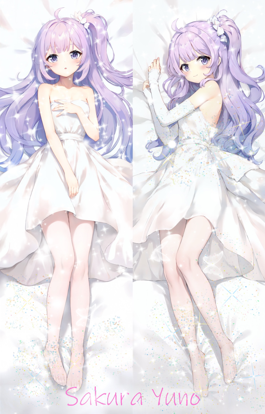 1girl ahoge azur_lane bare_shoulders bridal_gauntlets closed_mouth dakimakura_(medium) dress full_body highres long_hair looking_at_viewer lying multiple_views on_back one_side_up pantyhose parted_lips purple_hair smile unicorn_(azur_lane) white_bridal_gauntlets white_dress white_pantyhose yutian_alice