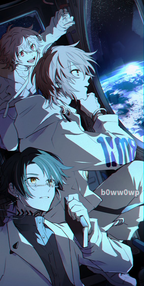 1nm8_(paradox_live) 3boys b0ww0wp black_hair earth_(planet) facing_to_the_side glasses grey_hair itsuki_(paradox_live) looking_ahead male_focus miyama_kei multicolored_hair multiple_boys orange_eyes orange_hair paradox_live pink_hair planet red_eyes rokuta_(paradox_live) sky spacecraft spacecraft_interior star_(sky) starry_sky twitter_username yellow_eyes