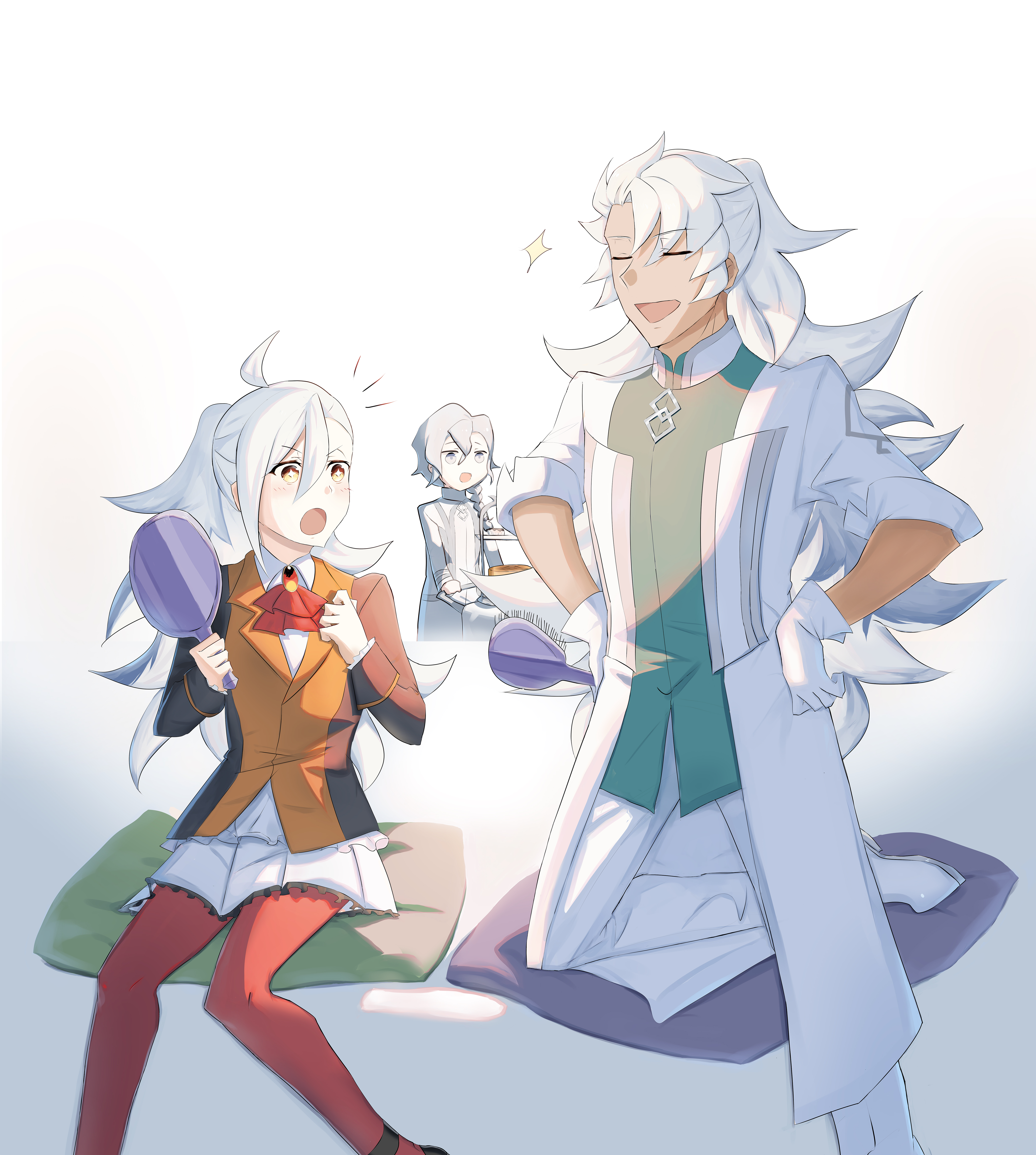 1girl 2boys absurdres ahoge alternate_costume alternate_hairstyle ascot blush braid closed_eyes coat commentary_request cosplay dark-skinned_male dark_skin fate/grand_order fate_(series) father_and_daughter grey_eyes grey_hair hair_between_eyes hands_on_own_hips highres lab_coat long_hair long_sleeves marisbury_animusphere multiple_boys olga_marie_animusphere open_mouth orange_pantyhose pantyhose ponytail red_ascot romani_archaman romani_archaman_(cosplay) side_braid simple_background sitting smile so_(sh1ro1to) solomon_(fate) white_background white_coat white_hair yellow_eyes