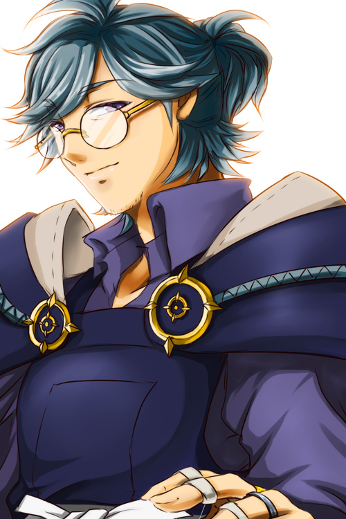1boy beard blue_hair facial_hair fire_emblem fire_emblem_fates glasses male_focus nintendo purple_eyes sena_kariya solo white_background yukimura_(fire_emblem)