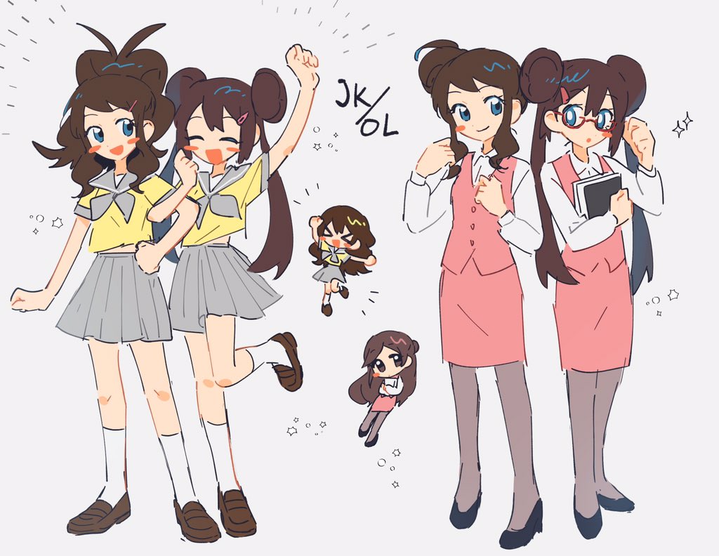 4girls :d arm_up black_shoes blue_eyes blush_stickers brown_hair brown_shoes closed_eyes cosplay double_bun glasses grey_sailor_collar grey_skirt hair_bun hair_ornament hairclip hilda_(pokemon) holding kyuu999_bot lass_(pokemon) lass_(pokemon)_(cosplay) leg_up long_hair long_sleeves multiple_girls nintendo office_worker_(pokemon) office_worker_(pokemon)_(cosplay) open_mouth pantyhose pink_skirt pink_vest pokemon pokemon_bw pokemon_bw2 rosa_(pokemon) sailor_collar shirt shoes short_sleeves sidelocks skirt smile socks sparkle standing standing_on_one_leg twintails vest white_shirt white_socks yellow_shirt