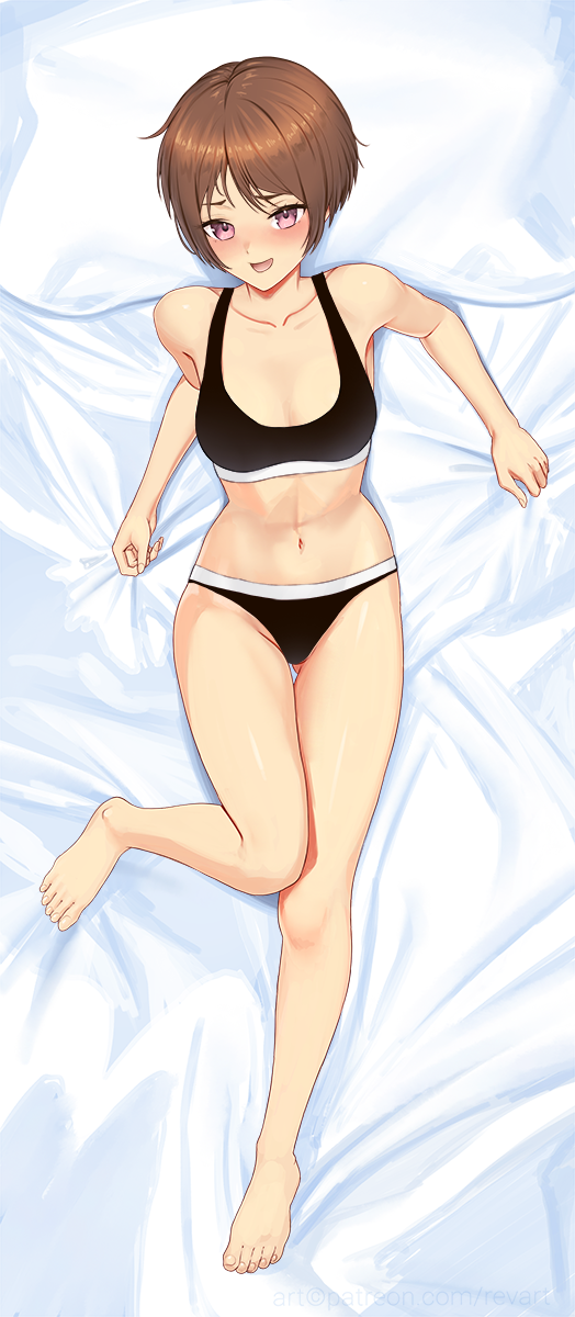 1girl bed_sheet black_bra black_panties blush bra brown_hair collarbone commission dakimakura_(medium) full_body gluteal_fold highres lying navel on_back open_mouth panties pillow revenantart seto_akari smile solo sports_bra sports_panties underwear urasekai_picnic
