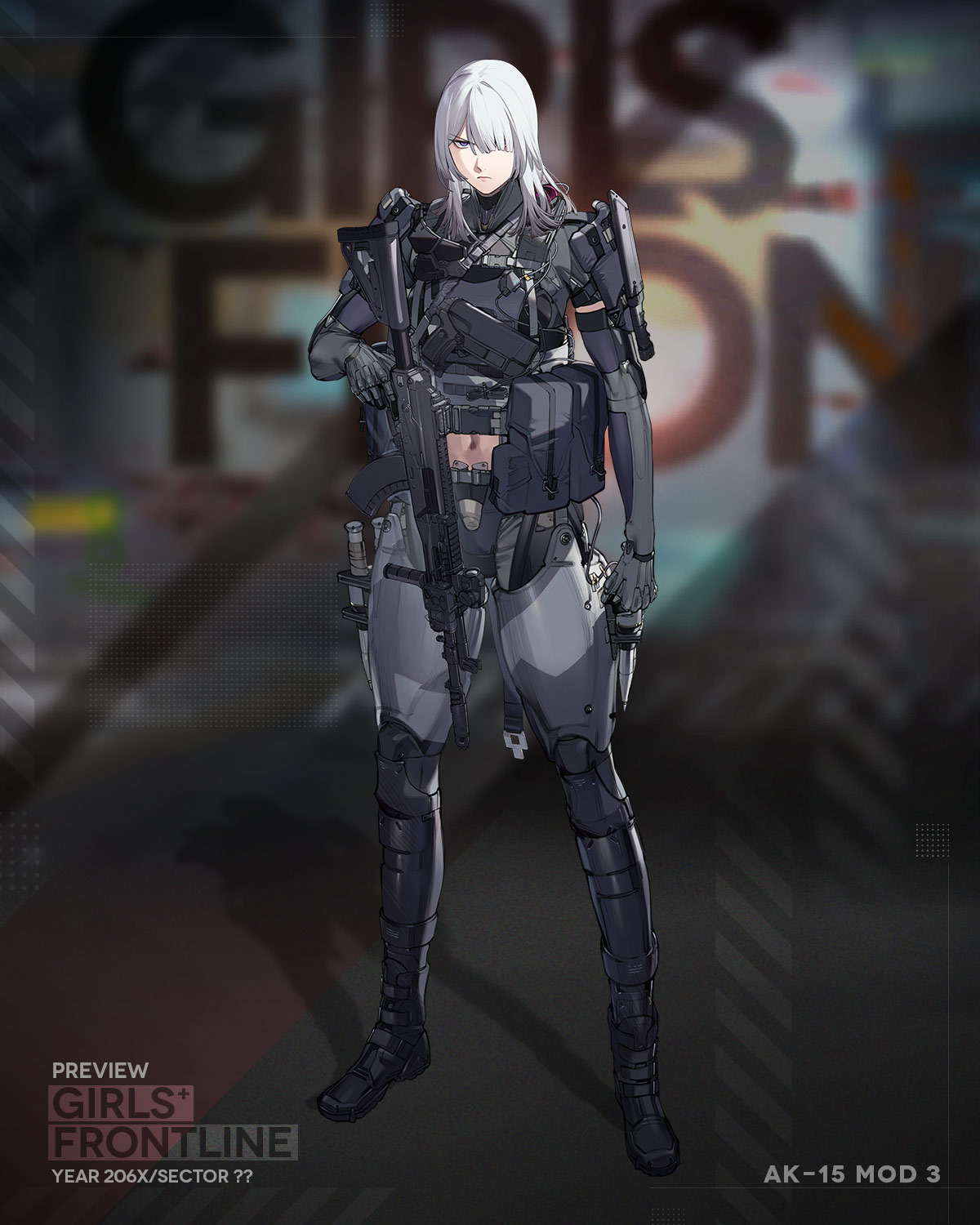 1girl ak-15 ak-15_(girls'_frontline) ak-15_(mod3)_(girls'_frontline) assault_rifle body_armor closed_mouth duoyuanjun girls'_frontline gloves grey_hair gun hair_over_one_eye handgun highres holding holding_weapon holster holstered kalashnikov_rifle knife knife_sheath long_hair looking_at_viewer mask mod3_(girls'_frontline) molle_vest mouth_mask mp-443_grach navel official_art optical_sight pouch purple_eyes rifle sheath tactical_clothes trigger_discipline vertical_foregrip weapon