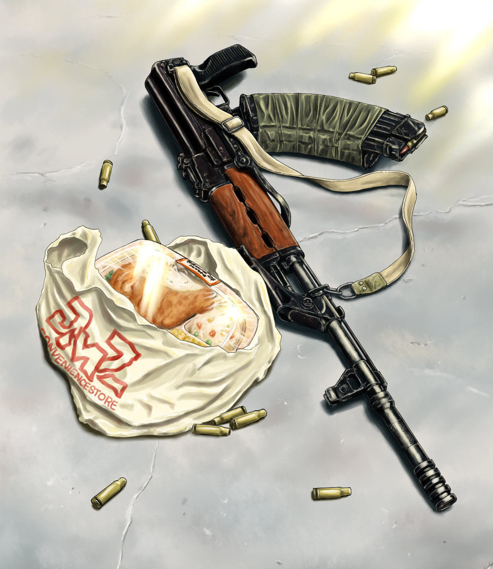 assault_rifle bag english_text grocery_bag gun gun_sling jungle_style kalashnikov_rifle no_humans original plastic_bag rifle sao_satoru shell_casing shopping_bag tv_dinner weapon zastava_m70