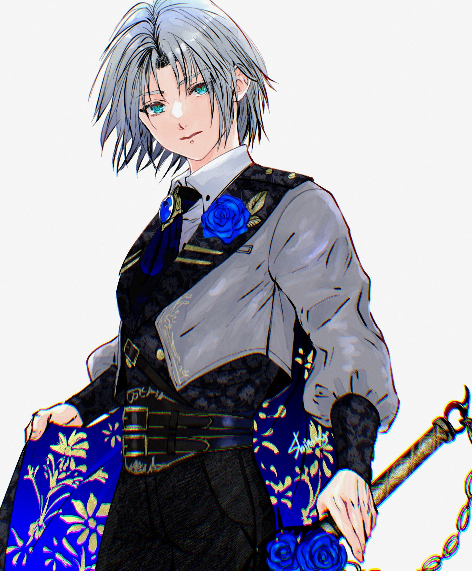 1boy aged_down ascot belt blue_ascot blue_cape blue_corset blue_eyes blue_flower blue_rose brooch cape collared_shirt corsage corset cowboy_shot cropped_jacket final_fantasy final_fantasy_vii final_fantasy_vii_ever_crisis floral_print flower grey_hair grey_jacket hand_on_hilt highres holding holding_unworn_cape holding_unworn_clothes jacket jewelry long_sleeves looking_at_viewer male_focus official_alternate_costume rose sephiroth sephiroth_(dark_attire) sephiroth_(ever_crisis) shinogu_r shirt short_hair simple_background solo sword unworn_cape weapon white_background white_shirt