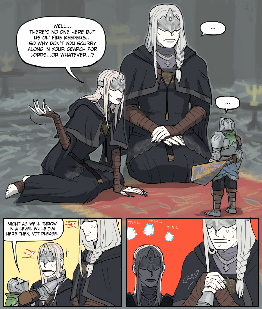 3boys ^^^ armor ashen_one_(dark_souls) black_capelet black_dress blonde_hair braid capelet closed_mouth colored_skin commentary cosplay covered_eyes crossdressing dark_souls_(series) dark_souls_iii dress emlan english_commentary english_text fire_keeper fire_keeper_(cosplay) gauntlets giant giant_male grey_hair holding holding_hands holding_shield jewelry long_dress lorian_(elder_prince) lothric_(younger_prince) multiple_boys necklace nervous_sweating pale_skin parted_lips red_background seiza shield sitting sweat white_skin
