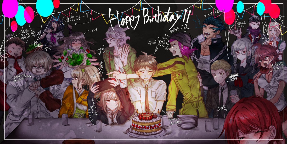 6+boys 6+girls :d ahoge birthday_cake black_jacket blonde_hair braid brown_hair cake chef_hat collarbone collared_shirt danganronpa_(series) danganronpa_2:_goodbye_despair eating everyone fat fat_man food freckles glasses green_necktie grey_hair hair_horns hamster hanamura_teruteru happy_birthday hat hinata_hajime holding jacket japanese_clothes jumpsuit kimono koizumi_mahiru komaeda_nagito kuzuryu_fuyuhiko long_hair long_sleeves meat mini_chef_hat mioda_ibuki multiple_boys multiple_girls nanami_chiaki necktie nidai_nekomaru open_mouth orange_kimono owari_akane pekoyama_peko re_rin'ne ribbon saionji_hiyoko school_uniform shirt short_hair skirt smile soda_kazuichi sonia_nevermind striped_clothes striped_jacket tanaka_gundham teeth togami_byakuya_(danganronpa_2) translation_request tsumiki_mikan twin_braids yellow_jumpsuit