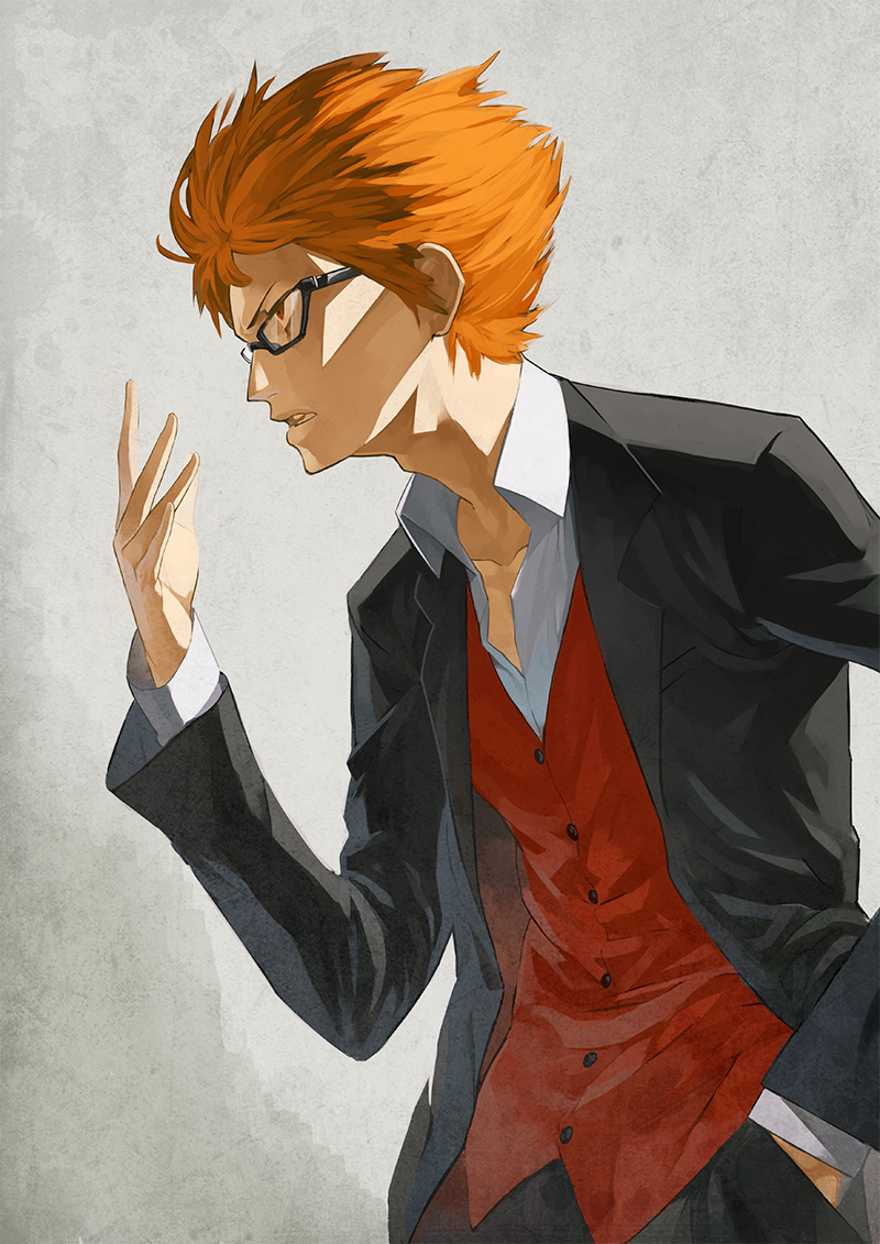 1boy adam&#039;s_apple alternate_costume black_jacket black_pants cowboy_shot formal_clothes gajuumaru glasses hand_in_pocket jacket long_sleeves male_focus open_clothes open_collar open_jacket open_mouth orange_hair pants red_vest shirt solo suit toaru_majutsu_no_index toaru_majutsu_no_index:_new_testament tsuchimikado_motoharu vest white_shirt