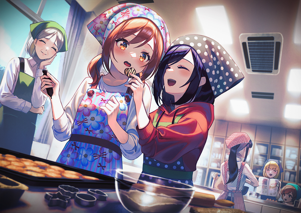 6+girls apron baking_sheet black_hair blonde_hair blush bowl brown_hair cabinet closed_eyes collared_shirt cookie cookie_cutter cooking counter feeding food hand_on_own_cheek hand_on_own_face holding hood hoodie indoors kitchen long_hair long_sleeves low_twintails multiple_girls old old_woman open_mouth orange_eyes original pastry_bag polka_dot rolling_pin shirt short_hair sleeves_pushed_up smile tenugui tray twintails unowen window