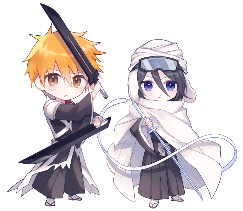 &gt;:( 1boy 1girl black_hair black_hakama black_kimono bleach bleach:_sennen_kessen-hen blush brown_eyes chibi chibi_only cloak closed_mouth commentary dual_wielding fighting_stance full_body g_ieep goggles goggles_on_head hair_between_eyes hakama hand_up holding holding_sword holding_weapon japanese_clothes katana kimono kuchiki_rukia kurosaki_ichigo long_ribbon long_sleeves looking_at_viewer orange_hair parted_lips ribbon serious short_hair sode_no_shirayuki_(shikai) spiked_hair standing sword true_zangetsu_(shikai) v-shaped_eyebrows weapon white_cloak white_ribbon wide_sleeves