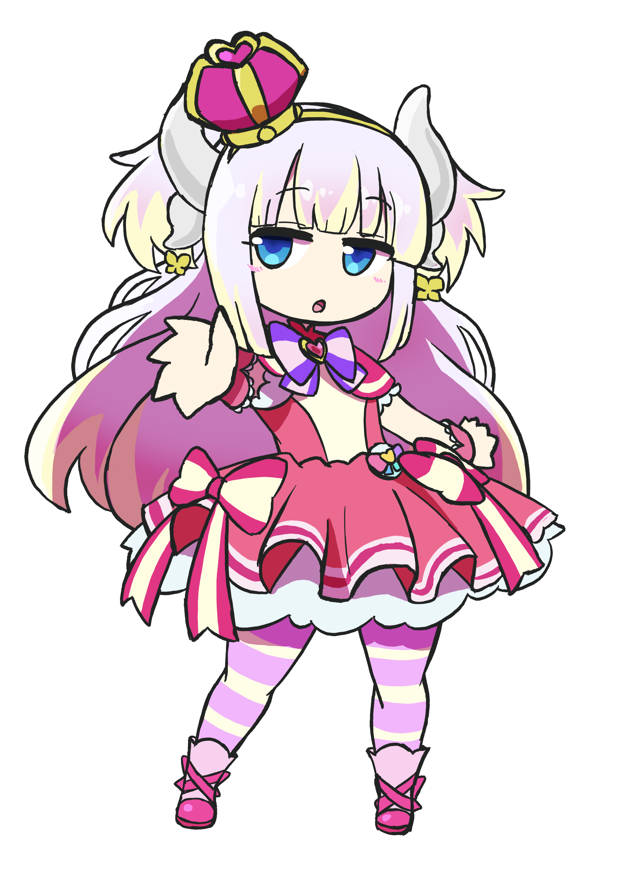 1girl absurdres arched_crown blonde_hair blue_eyes blunt_bangs blush boots bow brooch butterfly_earrings capelet child commentary cosplay crossover crown cure_wonderful cure_wonderful_(cosplay) dragon_girl dragon_horns dress dress_bow earrings frilled_wrist_cuffs frills full_body gradient_hair hairband heart heart_brooch highres horns jewelry jitome kanna_kamui kobayashi-san_chi_no_maidragon legs_apart long_hair looking_at_viewer magical_girl mini_crown multicolored_hair multicolored_pantyhose naganawa_maria outstretched_arm pantyhose parted_lips petticoat pink_boots pink_bow pink_capelet pink_crown pink_dress pink_hair pink_pantyhose pink_wrist_cuffs pouch precure puffy_short_sleeves puffy_sleeves purple_bow reaching reaching_towards_viewer short_sleeves simple_background solo standing streaked_hair striped_bow striped_clothes striped_pantyhose thick_thighs thighs tilted_headwear tkcarbohydrate two-tone_hair two-tone_pantyhose two_side_up voice_actor_connection wonderful_pact wonderful_precure! wrist_cuffs yellow_hairband yellow_pantyhose