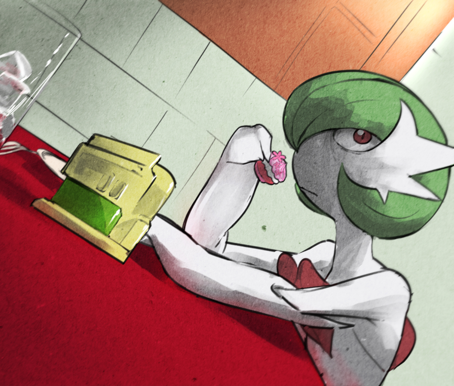 1girl bad_id beetlejuice_(lester_green) beetlejuice_eating_(meme) colored_skin doodlerush eating gardevoir gen_3_pokemon indoors meme nintendo pokemon pokemon_(creature) real_life red_eyes solo surprised white_skin