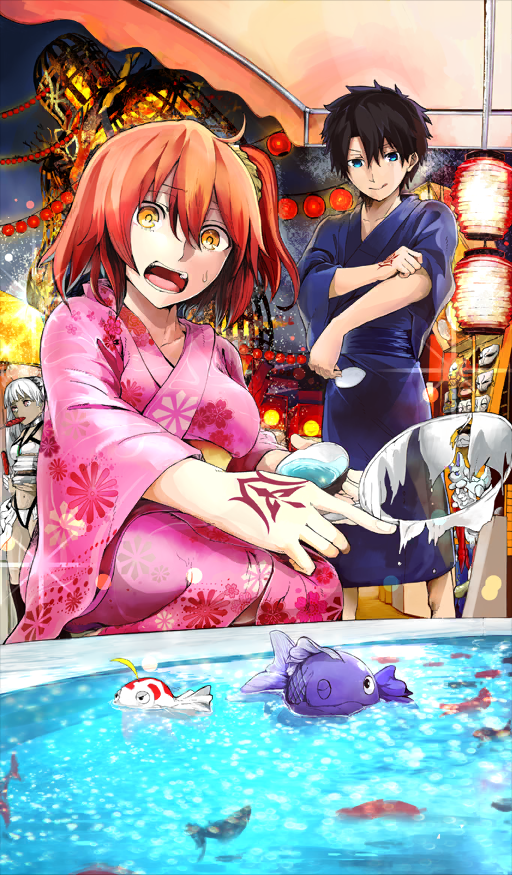 1boy 2girls ahoge altera_(fate) blue_eyes blue_kimono brown_hair command_spell commentary dark-skinned_female dark_skin failure fate/grand_order fate_(series) fish fou_(fate) fujimaru_ritsuka_(female) fujimaru_ritsuka_(male) goldfish_scooping hair_between_eyes hassan_of_the_cursed_arm_(fate) japanese_clothes kimono lantern medium_hair mouth_hold multiple_girls night night_sky official_art one_side_up open_mouth orange_hair outdoors paper_lantern pink_kimono poi_(goldfish_scoop) short_hair sky sparkle sweat syatey third-party_source torn white_hair wicker_man_(fate) wide_sleeves yellow_eyes