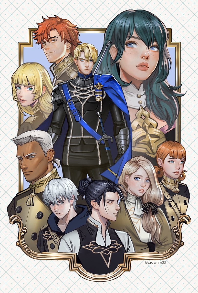 4girls 5boys annette_fantine_dominic armor ascot ashe_ubert black_pants black_ribbon black_shirt blonde_hair blue_cape blue_eyes blue_hair blue_hood blue_hoodie blunt_bangs braid female_byleth_(fire_emblem) cape chest_belt closed_mouth collared_jacket commentary dark-skinned_male dark_skin dedue_molinaro dimitri_alexandre_blaiddyd english_commentary felix_hugo_fraldarius fire_emblem fire_emblem:_three_houses garreg_mach_monastery_uniform gauntlets green_hair hair_between_eyes hair_bun hair_ribbon hair_rings highres hood hood_down hoodie ingrid_brandl_galatea jacket long_hair long_sleeves looking_at_viewer looking_back looking_to_the_side mercedes_von_martritz mistermagnolia multiple_boys multiple_girls nintendo open_collar orange_hair pants parted_lips ponytail popped_collar ribbon school_uniform shirt short_hair short_ponytail side_cape sideways_glance single_braid smile standing sylvain_jose_gautier teeth white_ascot white_hair white_shirt