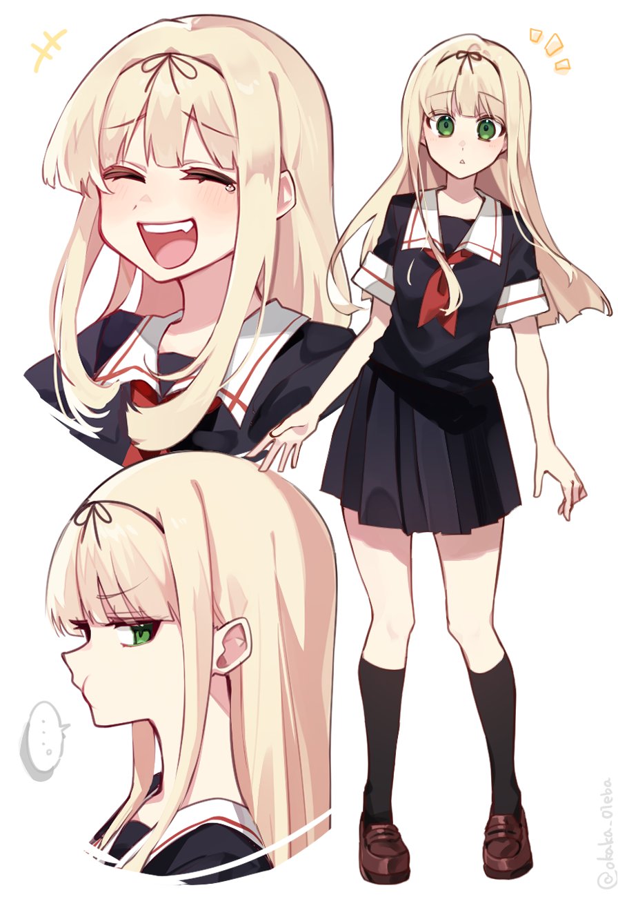 1girl black_serafuku black_shirt black_skirt black_socks blonde_hair blunt_bangs brown_shoes full_body green_eyes hair_ribbon highres kantai_collection laughing loafers looking_at_viewer multiple_views pleated_skirt puff_of_air ribbon sailor_collar sailor_shirt school_uniform serafuku shirt shoes simple_background skirt socks tsumikitsuki_(katsuobushi) upper_body white_background white_sailor_collar yuudachi_(kancolle)