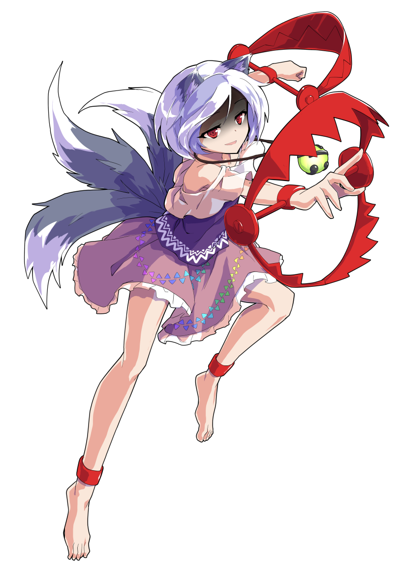 1girl animal_ears anklet barefoot bear_trap commentary_request dairi dog_ears dog_tail foot_up frilled_skirt frills from_side full_body grey_hair jewelry light_smile looking_ahead mitsugashira_enoko multicolored_hair multiple_tails open_mouth outstretched_arm outstretched_hand partially_shaded_face pink_skirt purple_hair purple_shirt reaching red_eyes shirt short_hair skirt solo streaked_hair tachi-e tail touhou transparent_background