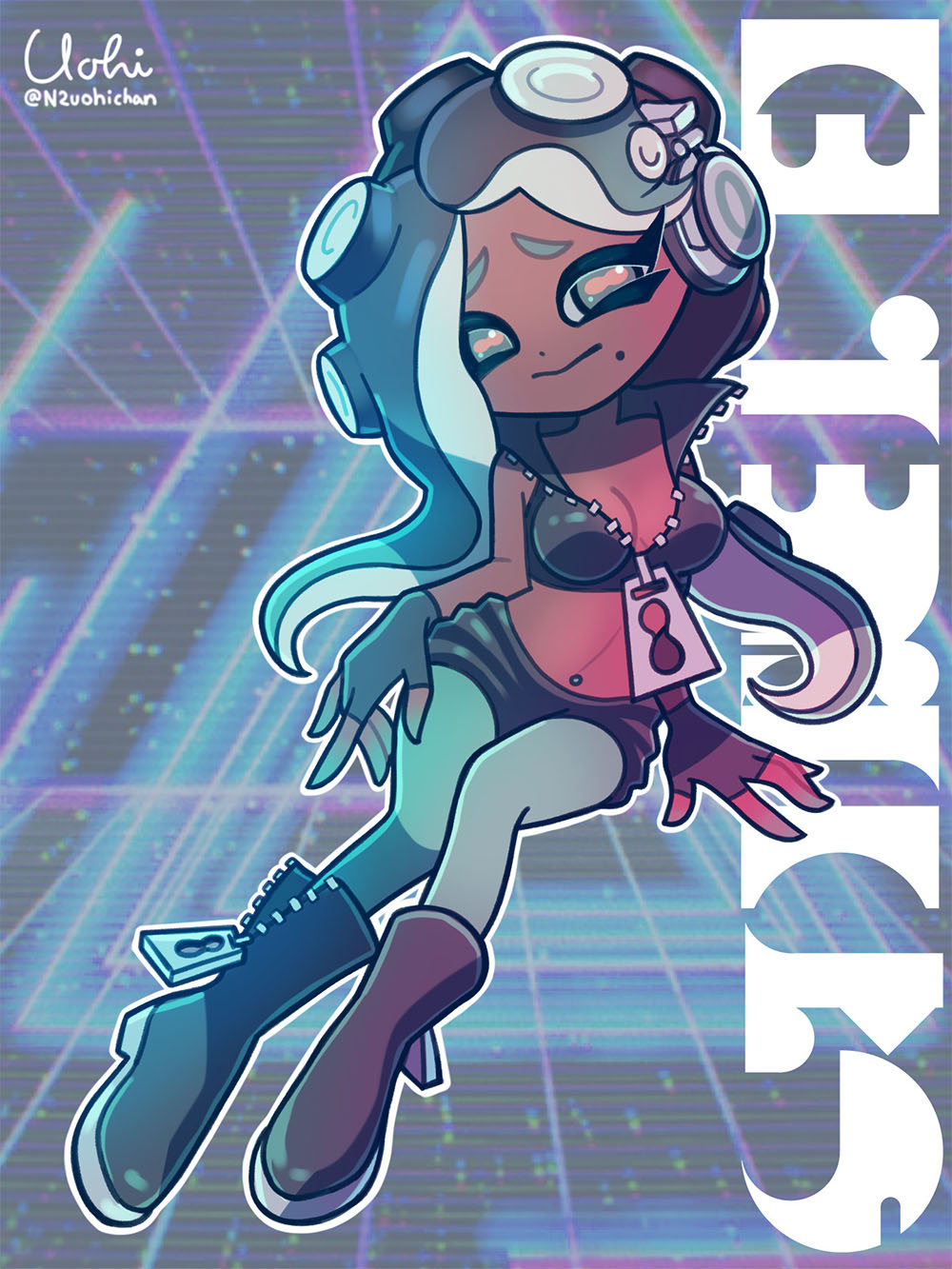1girl aqua_eyes aqua_hair aqua_pantyhose black_boots black_gloves black_hair black_shirt black_shorts boots breasts cephalopod_eyes cleavage colored_extremities dark_skin fingerless_gloves gloves gradient_hair grey_background headphones highres long_hair looking_at_viewer marina_(off_the_hook_outfit)_(splatoon) marina_(splatoon) medium_breasts midriff mole mole_under_mouth multicolored_hair n2uohichan navel navel_piercing nintendo octoling octopus_girl pantyhose piercing shirt shorts sitting sleeveless sleeveless_shirt smile splatoon_(series) splatoon_2 suction_cups symbol-shaped_pupils tentacle_hair two-tone_hair zipper