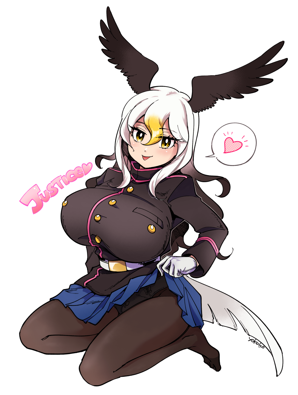 1girl bald_eagle_(kemono_friends) bird_girl bird_tail bird_wings blush breasts clothes_lift gakuran head_wings heart highres huge_breasts kemono_friends kemono_friends_3 lifting_own_clothes looking_at_viewer panties panties_under_pantyhose pantyhose pleated_skirt school_uniform skirt skirt_hold skirt_lift solo spoken_heart tail teasing tongue tongue_out underwear white_hair wings yellow_eyes yokuko_zaza