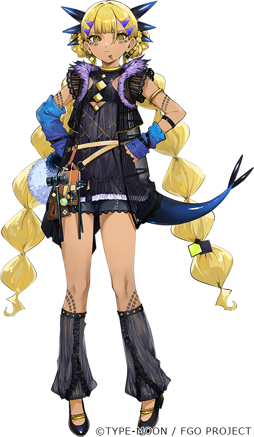 1girl aged_down armlet belt black_shirt black_shorts blonde_hair blue_arm_warmers body_markings braid braided_twintails clothing_cutout dark-skinned_female dark_skin dragon_girl dragon_horns dragon_tail earrings facial_mark fate/grand_order fate_(series) full_body gold_armlet hair_ornament hairclip horns indra_no_dai_shiren jewelry la-na lace-trimmed_shorts lace_trim leg_warmers long_hair looking_at_viewer official_art shirt shoes shorts side_labret_piercing solo standing tachi-e tail transparent_background vritra_(fate) vritra_(young)_(fate) yellow_eyes