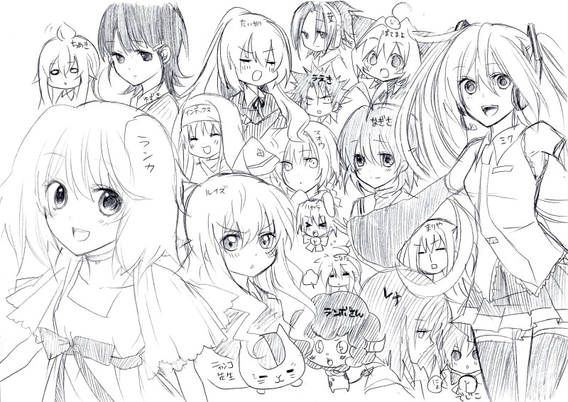 00s 3boys 6+girls :d aisaka_taiga antenna_hair asakura_yoh ayasaki_hayate bare_shoulders breasts clannad collared_shirt crossover darker_than_black detached_sleeves dress dress_shirt furukawa_nagisa hatsune_miku hayate_no_gotoku! headgear higurashi_no_naku_koro_ni ichinose_yukino index_(toaru_majutsu_no_index) izumi_konata jigoku_shoujo katekyo_hitman_reborn! lineart long_hair long_sleeves looking_at_viewer lucky_star macross macross_frontier macross_frontier:_itsuwari_no_utahime maria_holic mikage_yuzuki minami-ke minami_chiaki monochrome multiple_boys multiple_girls natsume_yuujinchou nyanko-sensei open_mouth pleated_skirt potemayo potemayo_(character) ranka_lee reborn ribbon ryuuguu_rena shaman_king shidou_mariya shirt short_sleeves sketch skirt sleeveless sleeveless_shirt smile standing suou_pavlichenko thighhighs toaru_kagaku_no_railgun toaru_majutsu_no_index toradora! twintails ueki_kosuke ueki_no_housoku very_long_hair vocaloid zettai_ryouiki