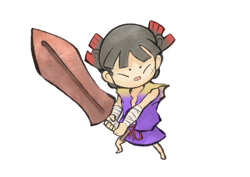 1girl bandages barefoot black_hair capcom child female_focus japanese_clothes kuninushi official_art onimusha_soul ookami_(game) ookamiden simple_background solo sword weapon white_background wooden_sword