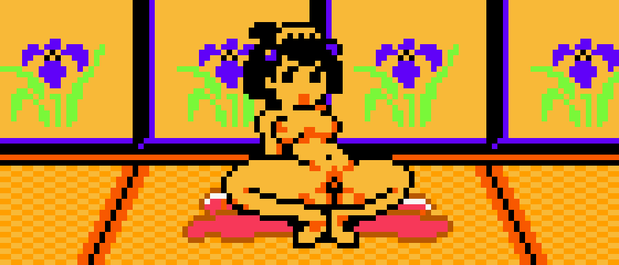 1girl arm_support barefoot black_eyes black_hair breasts unworn_clothes flower ganbare_goemon hair_bun hair_ornament konami long_hair looking_at_viewer medium_breasts navel nipples nude omitsu_(ganbare_goemon) open_mouth pixel_art pussy saiwai_hiroshi single_hair_bun smile spread_legs squatting wall