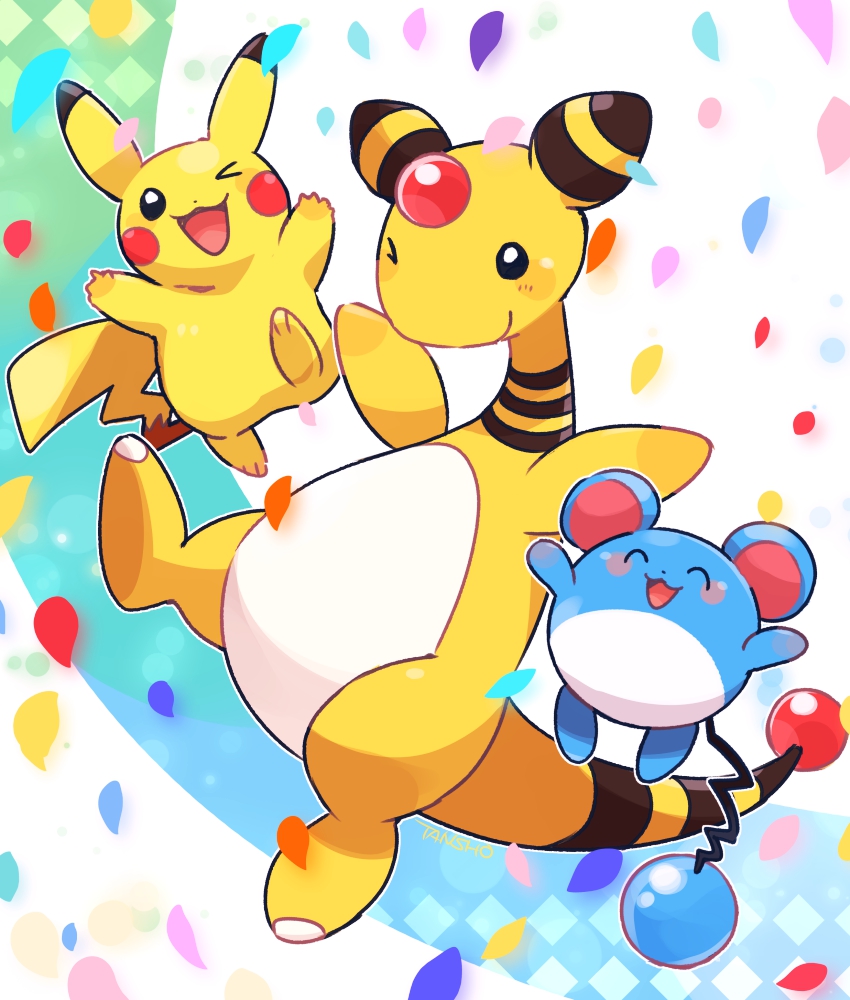 ampharos blush forehead_jewel gen_1_pokemon gen_2_pokemon happy marill nintendo one_eye_closed petals pikachu pokemon pokemon_(creature) smile tansho wink