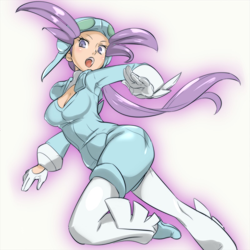 1girl bad_id bad_pixiv_id breasts cleavage cleavage_cutout clothing_cutout female_focus gloves gym_leader long_hair nintendo open_mouth pokemon pokemon_oras purple_hair short_jumpsuit simple_background solo white_background white_gloves winona_(pokemon) zaitsu