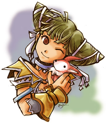 1girl ;) antennae cone_hair_bun creature female_focus fuju green_hair hair_bun headpat lowres one_eye_closed red_eyes short_hair smile solo trusty_bell twintails upper_body viola wink