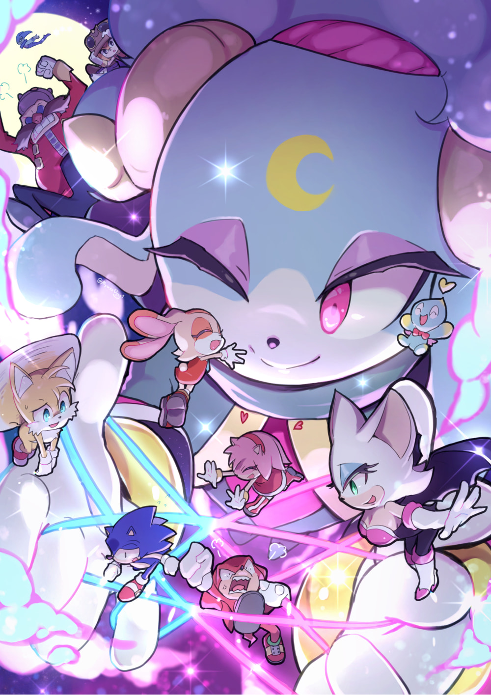 2others 4boys 5girls amy_rose animal_ears ariem_(sonic) bat_ears bat_girl bat_wings blue_eyeshadow boots breasts cameo chao_(sonic) chasing cheese_(sonic) chibi cleavage commentary_request company_connection cream_the_rabbit crossover dr._eggman dress eyeshadow facial_hair flying fox_boy fox_ears fox_tail furry furry_female furry_male hedgehog_boy hedgehog_girl highres horns hug knuckles_the_echidna makeup mini_person miniboy minigirl moon multiple_boys multiple_girls multiple_others mustache myuutau_tadakichi neutral_chao nights_(character) nights_into_dreams open_mouth outdoors rabbit_ears rabbit_girl rabbit_tail red_dress reptile_girl rouge_the_bat running sega sheep_ears sheep_girl sheep_horns short_tail size_difference sonic_(series) sonic_dream_team sonic_superstars sonic_the_hedgehog sonic_the_hedgehog_(classic) tail tails_(sonic) trip_the_sungazer wings