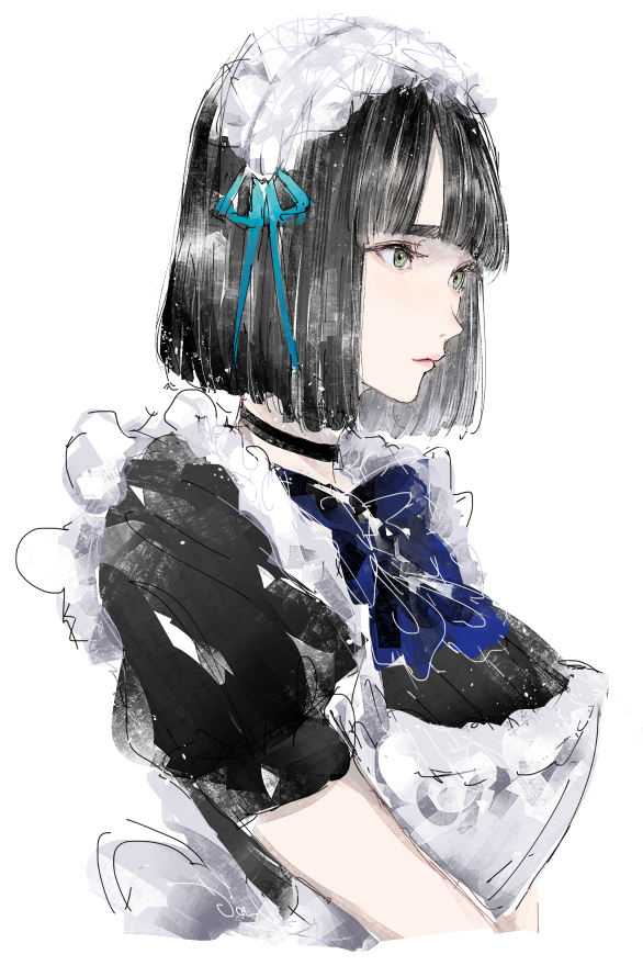 1girl alternate_costume apron black_choker black_dress black_hair blue_bow blue_bowtie blunt_bangs blunt_ends bob_cut bow bowtie breasts choker closed_mouth commentary cropped_torso dress enmaided frilled_apron frills green_eyes large_breasts link!_like!_love_live! love_live! maid maid_apron maid_headdress momose_ginko puffy_short_sleeves puffy_sleeves short_hair short_sleeves simple_background solo upper_body virtual_youtuber white_apron white_background yoruneko_yashiro