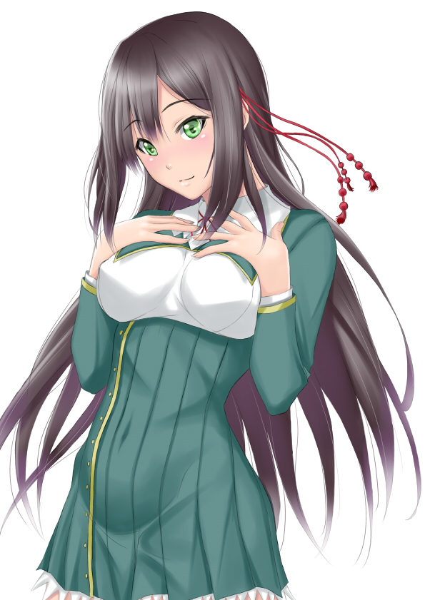 10s 1girl black_hair covered_navel cowboy_shot female_focus framed_breasts green_eyes hands_on_own_chest koi_to_senkyo_to_chocolate long_hair muffin_(sirumeria) school_uniform shinonome_satsuki simple_background solo