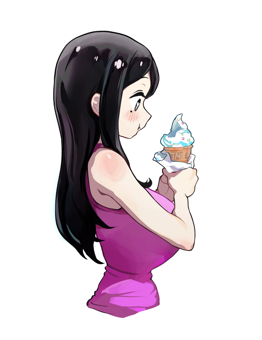 1girl bare_arms bare_shoulders black_eyes black_hair blush cropped_torso eating food from_side holding holding_food holding_ice_cream ice_cream ice_cream_cone long_hair looking_at_food mo0o0rae mole mole_under_eye pink_tank_top sakurai_touko senpai_ga_uzai_kouhai_no_hanashi simple_background solo tank_top white_background