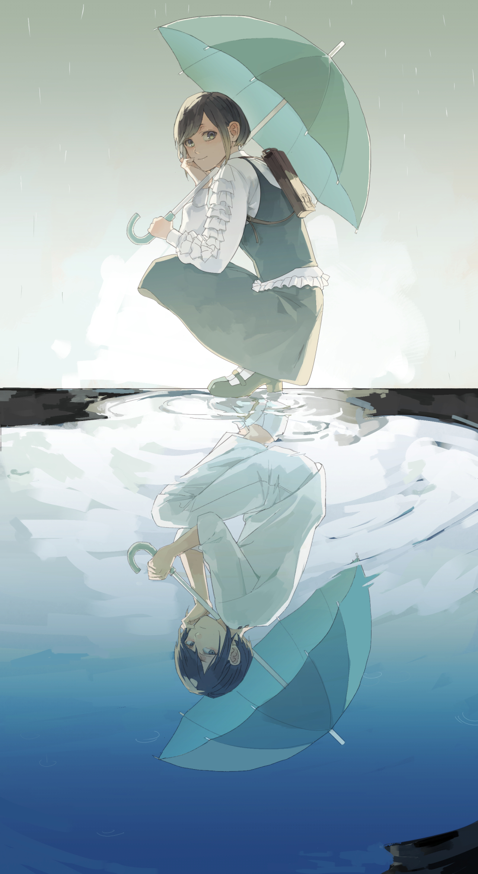 1girl backpack bag black_hair blue_shirt brown_bag closed_mouth collared_shirt commentary_request different_reflection frilled_shirt frilled_sleeves frills fukurai_azami full_body green_umbrella hand_on_own_cheek hand_on_own_face highres holding holding_umbrella kisaragi_ayumi long_sleeves looking_at_viewer nono_(n0n0n0n0n_0) outdoors pants protected_link puddle reflection reflective_water ripples shirt shoes short_hair sitting smile spoilers squatting toshi_densetsu_kaitai_center umbrella water white_pants white_shirt