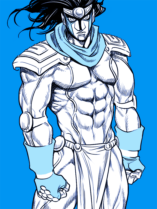 1boy armor colored_skin fingerless_gloves floating_hair gloves headband jojo_no_kimyou_na_bouken loincloth long_hair male_focus merumeru626 muscular muscular_male pauldrons pelvic_curtain scarf shoulder_armor solo stand_(jojo) star_platinum stardust_crusaders topless_male