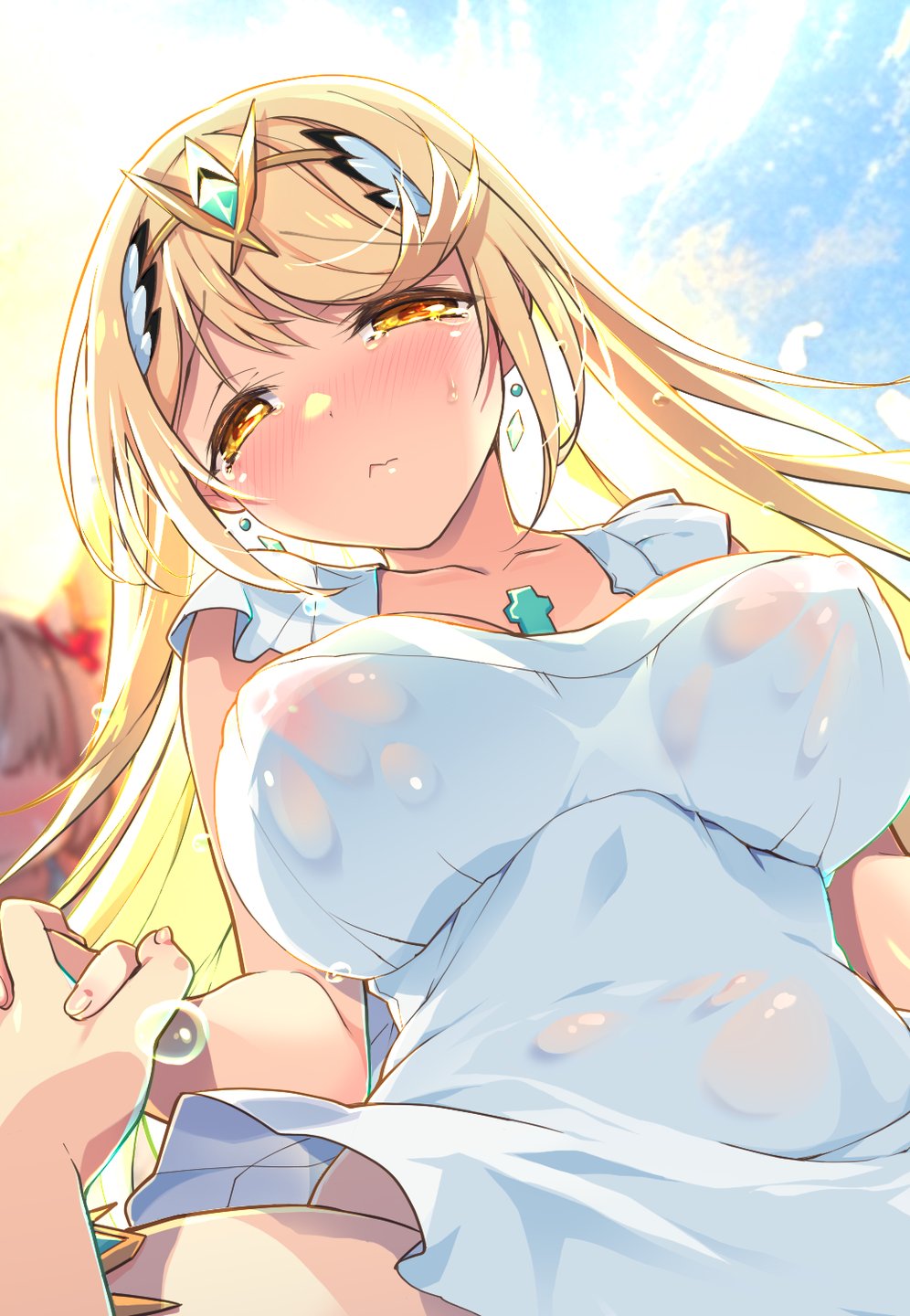 2girls blonde_hair blurry blurry_background blush chest_jewel commentary_request core_crystal_(xenoblade) covered_erect_nipples cowboy_shot dress highres long_hair multiple_girls mythra_(xenoblade) nia_(xenoblade) nipples pov see-through_clothes see-through_dress solo_focus tears tiara upper_body watsuki_ayamo wet wet_clothes wet_dress xenoblade_chronicles_(series) xenoblade_chronicles_2 yellow_eyes
